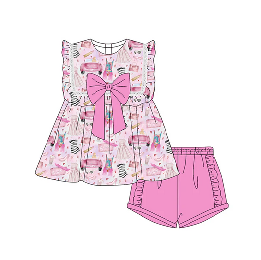 4.29 Preorder moq 5 Baby Girls Sleeveless Cars Dresses Bow Tunic Ruffle Short Set