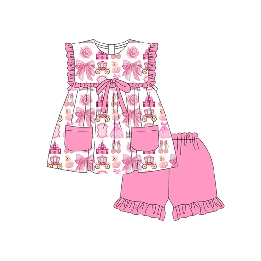 4.29 Preorder moq 5 Baby Girls Sleeveless Bows Flowers Pockets Tunic Ruffle Short Set