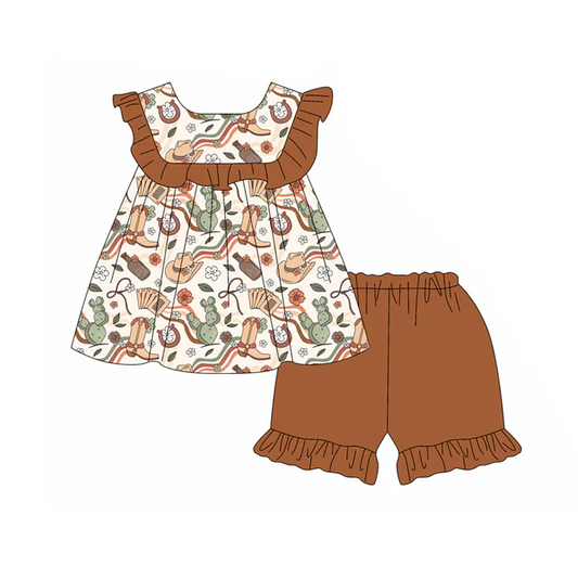 4.30 Preorder moq 5 Baby Girls Brown Sleeveless Boots Hats Tunic Ruffle Short Set