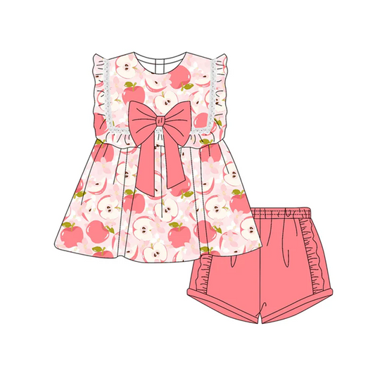 4.30 Preorder moq 5 Baby Girls Peach Sleeveless Apples Bow Tunic Ruffle Short Set