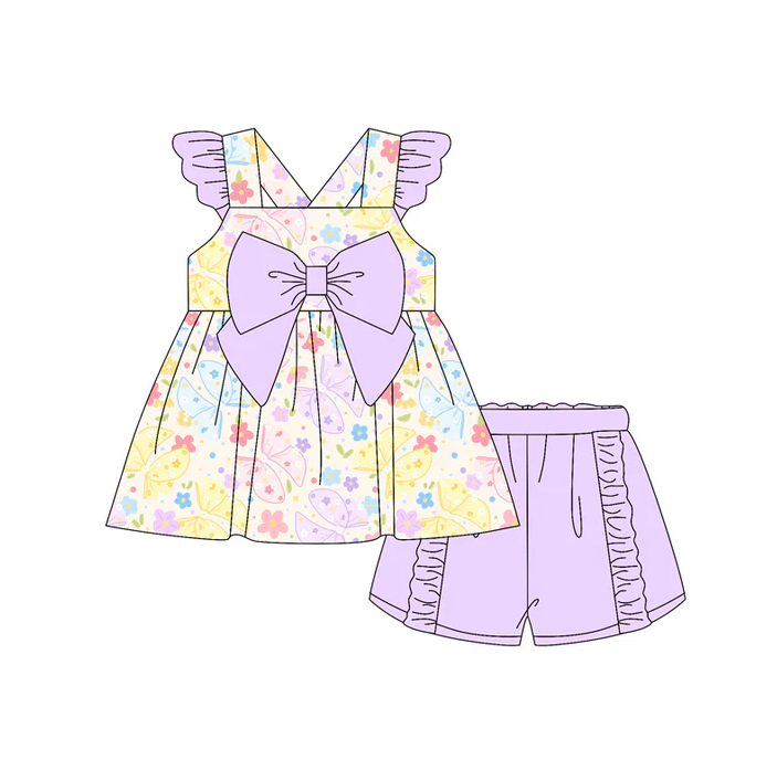 4.30 Preorder moq 5 Baby Girls Lavender Flutter Sleeves Colorful Butterfly Flowers Tunic Ruffle Short Set