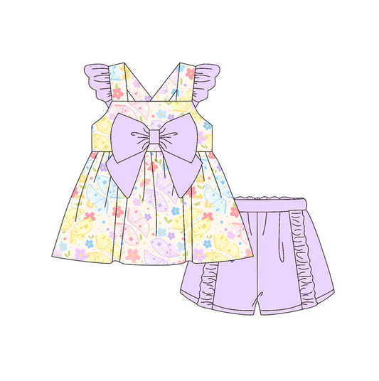 4.30 Preorder moq 5 Baby Girls Lavender Flutter Sleeves Colorful Butterfly Flowers Tunic Ruffle Short Set