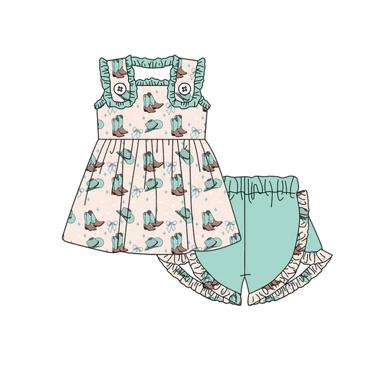 4.30 Preorder moq 5 Baby Girls Sleeveless Bows Boots Tunic Aqua Ruffle Short Set