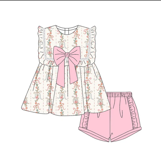4.30 Preorder moq 5 Baby Girls Sleeveless Bows Floral Stripe Tunic Pink Ruffle Short Set