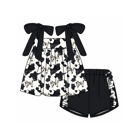 4.30 Preorder moq 5 Baby Girls Black Strap Cow Print Bows Tunic Ruffle Short Set