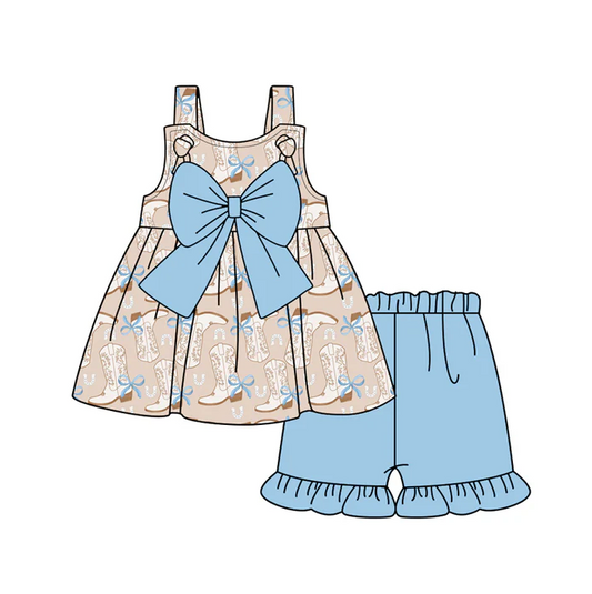 4.30 Preorder moq 5 Baby Girls Blue Strap Bows Boots Tunic Ruffle Short Set