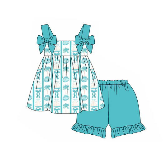 4.30 Preorder moq 5 Baby Girls Blue Strap Bows Shell Tunic Ruffle Short Set