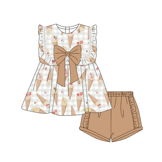 4.30 Preorder moq 5 Baby Girls Sleeveless Ice-cream Strawberry Tunic Khaki Ruffle Short Set