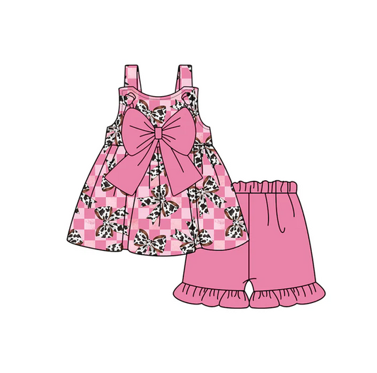 4.30 Preorder moq 5 Baby Girls Pink Strap Cow Print Bows Tunic Ruffle Short Set