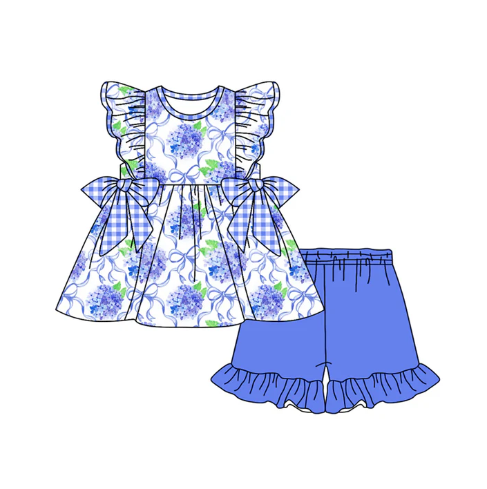 4.30 Preorder moq 5 Baby Girls Flutter Sleeves Blue Floral Bows Tunic Ruffle Short Set