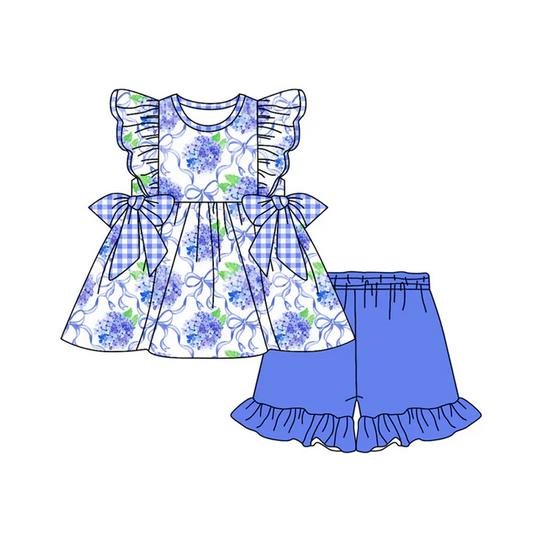 4.30 Preorder moq 5 Baby Girls Flutter Sleeves Blue Floral Bows Tunic Ruffle Short Set
