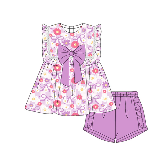 4.30 Preorder moq 5 Baby Girls Sleeveless Lavender Flower Bows Tunic Ruffle Short Set
