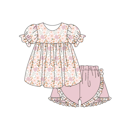 4.30 Preorder moq 5 Baby Girls Short Ruffle Sleeves Pink Flowers Tunic Ruffle Short Set