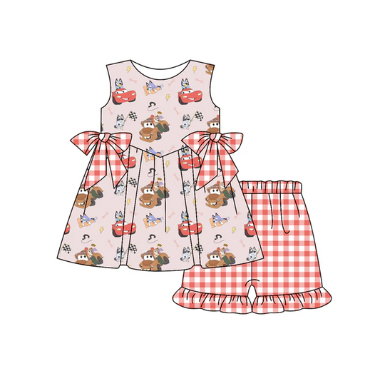 4.30 Preorder moq 5 Baby Girls Sleeveless Cartoon Dogs Cars Tunic Red Plaid Ruffle Short Set