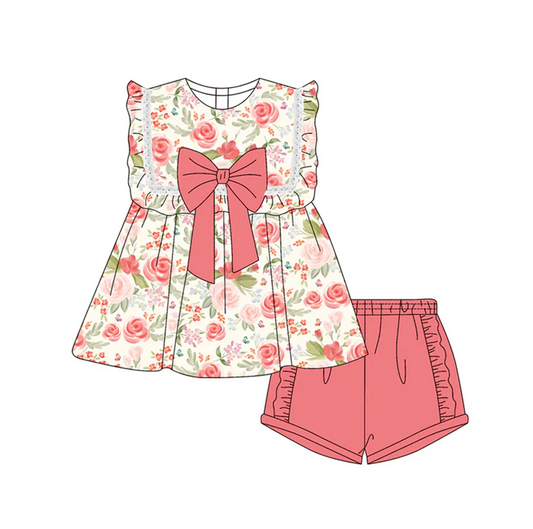 4.30 Preorder moq 5 Baby Girls Sleeveless Peach Floral Tunic Ruffle Short Set