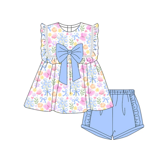 4.30 Preorder moq 5 Baby Girls Sleeveless Pink Butterfly Floral Tunic Blue Ruffle Short Set