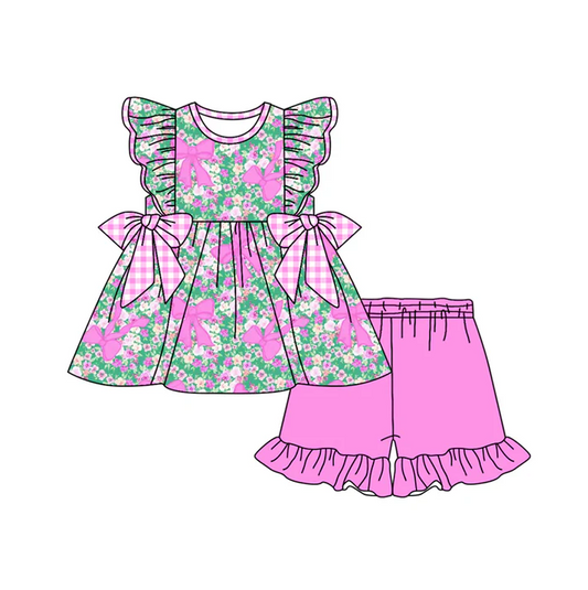 4.30 Preorder moq 5 Baby Girls Flutter Sleeves Pink Bows Floral Tunic Ruffle Short Set