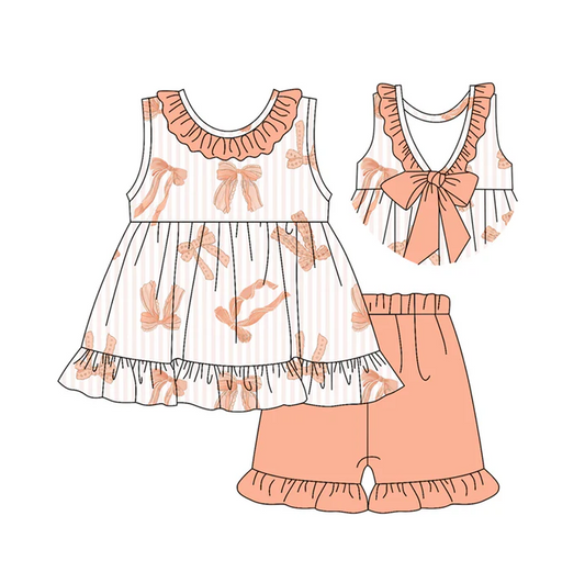 4.30 Preorder moq 5 Baby Girls Sleeveless Peach Bows Tunic Ruffle Short Set