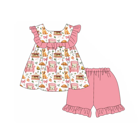4.30 Preorder moq 5 Baby Girls Sleeveless Pink Floral Dogs Tunic Ruffle Short Set