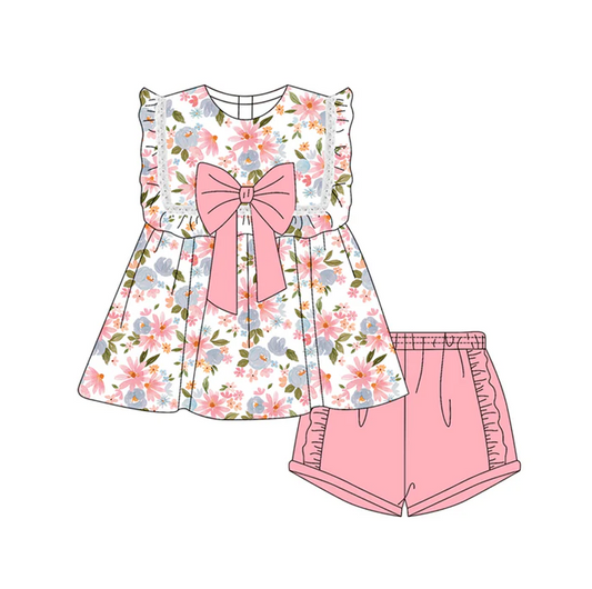4.30 Preorder moq 5 Baby Girls Sleeveless Pink Floral Tunic Ruffle Short Set