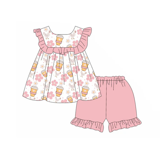 4.30 Preorder moq 5 Baby Girls Pink Sleeveless Flowers Chicks Tunic Ruffle Short Set