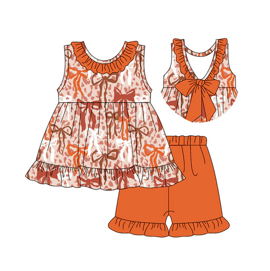 5.1 Preorder moq 5 Baby Girls Sleeveless Orange Bows Tunic Ruffle Short Set