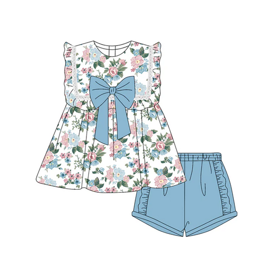 5.1 Preorder moq 5 Baby Girls Sleeveless Blue Floral Tunic Ruffle Short Set