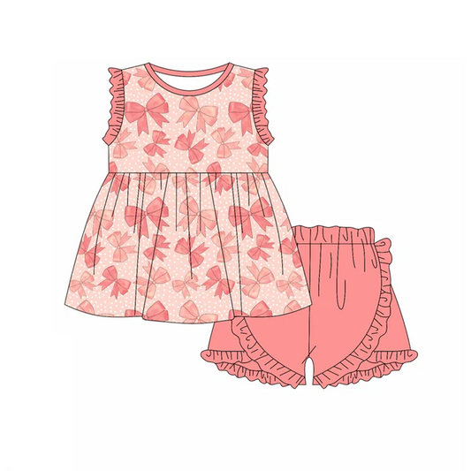 5.1 Preorder moq 5 Baby Girls Peach Sleeveless Bows Polka Dots Tunic Ruffle Short Set
