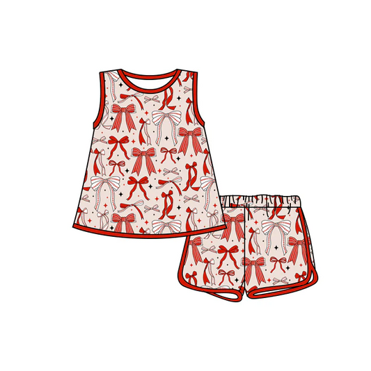 5.1 Preorder moq 5 Baby Girls Sleeveless Red Bows Stars Tunic Short 4th Of July Set
