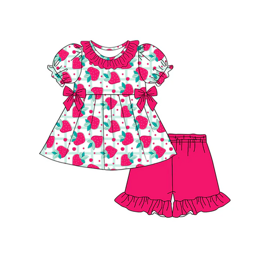 5.1 Preorder moq 5 Baby Girls Short Ruffle Sleeves Strawberry Tunic Hot Pink Ruffle Short Set