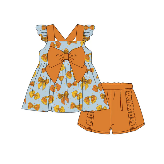 5.1 Preorder moq 5 Baby Girls Flutter Sleeves Orange Bows Tunic Ruffle Short Set