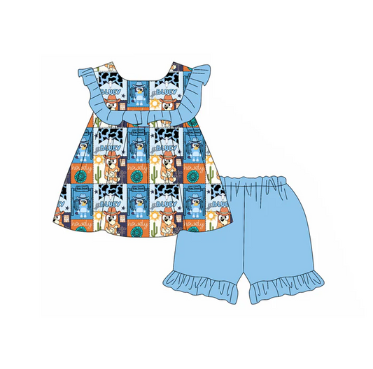 5.1 Preorder moq 5 Baby Girls Sleeveless Cartoon Dogs Cactus Tunic Blue Ruffle Short Set