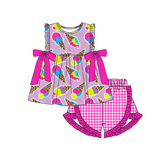 5.1 Preorder moq 5 Baby Girls Sleeveless Bows Ice-cream Bows Tunic Pink Plaid Ruffle Short Set