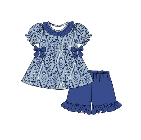 5.1Preorder moq 5 Baby Girls Hot Blue Short Ruffle Sleeves Floral Bows Tunic Ruffle Short Set