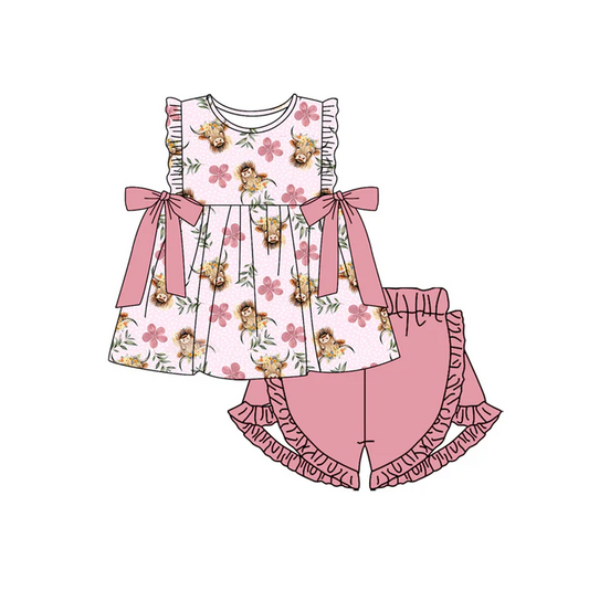 5.1 Preorder moq 5 Baby Girls Sleeveless Highland Cows Flowers Tunic Pink Ruffle Short Set