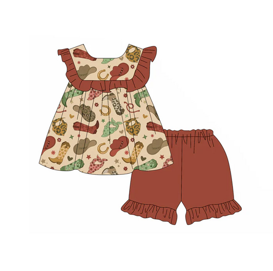 5.1 Preorder moq 5 Baby Girls Brown Sleeveless Hats Boots Tunic Ruffle Short Set