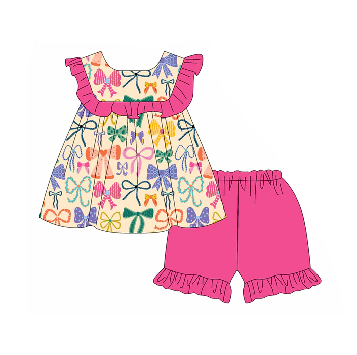 5.1 Preorder moq 5 Baby Girls Sleeveless Colorful Bows Tunic Pink Ruffle Short Set