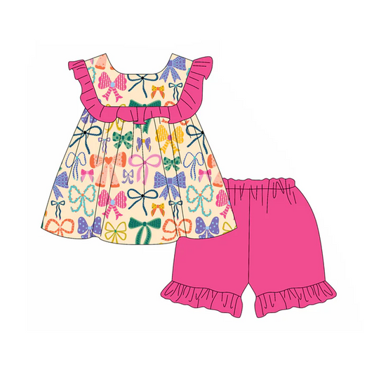 5.1 Preorder moq 5 Baby Girls Sleeveless Colorful Bows Tunic Pink Ruffle Short Set