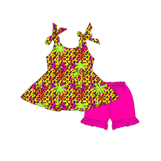 5.1 Preorder moq 5 Baby Girls Strap Colorful Leopard Beach Tunic Hot Pink Ruffle Short Set