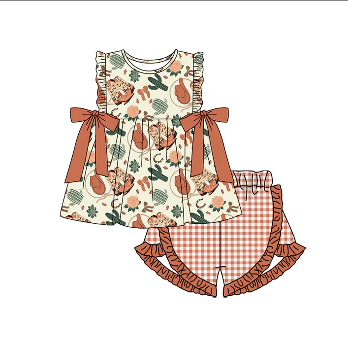 5.1 Preorder moq 5 Baby Girls Sleeveless Hats Cactus Tunic Khaki Plaid Ruffle Short Set