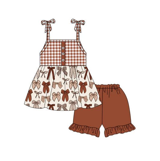 5.1 Preorder moq 5 Baby Girls Strap Button Brown Bows Tunic Ruffle Short Set