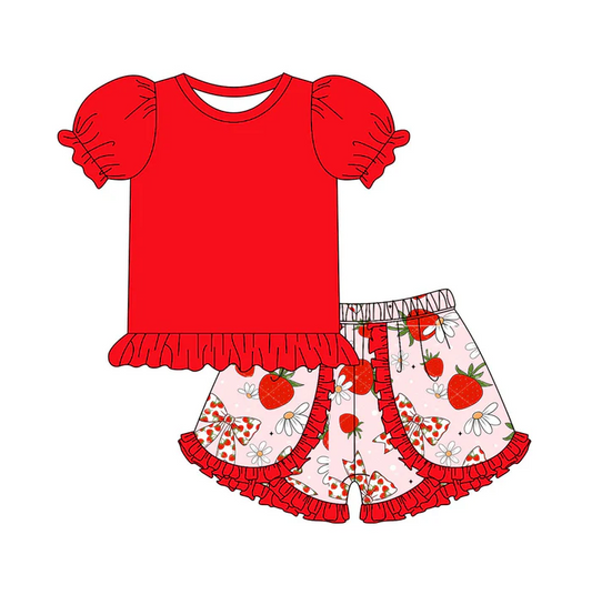 5.1 Preorder moq 5 Baby Girls Red Short Ruffle Sleeves Tunic Strawberry Flowers Short Set