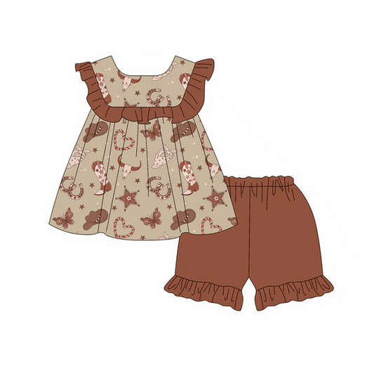 5.1 Preorder moq 5 Baby Girls Brown Sleeveless Bull Skull Boots Tunic Ruffle Short Set