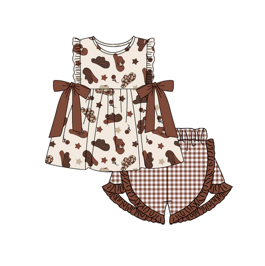5.1 Preorder moq 5 Baby Girls Sleeveless Hats Stars Tunic Brown Plaid Ruffle Short Set