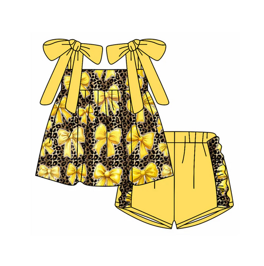 5.1 Preorder moq 5 Baby Girls Yellow Strap Bows Leopard Tunic Ruffle Short Set