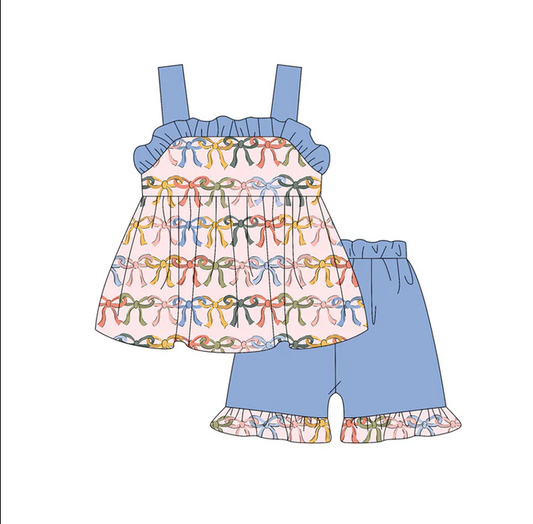 5.1 Preorder moq 5 Baby Girls Blue Strap Colorful Bows Tunic Ruffle Short Set