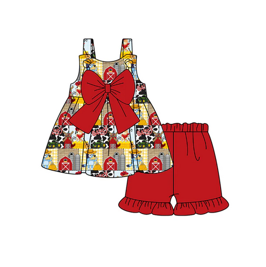 5.1 Preorder moq 5 Baby Girls Strap Cartoon Dogs House Cows Tunic Red Ruffle Short Farm Set