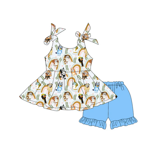 5.1 Preorder moq 5 Baby Girls Strap Cartoon Dogs Rainbows Tunic Blue Ruffle Short Set