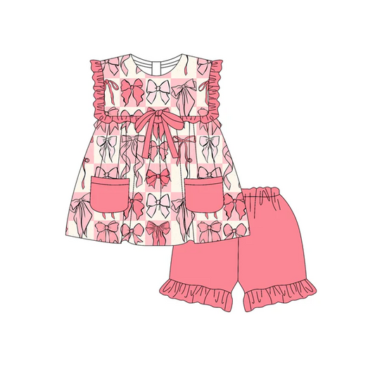5.1 Preorder moq 5 Baby Girls Sleeveless Pink Bows Pockets Tunic Ruffle Short Set