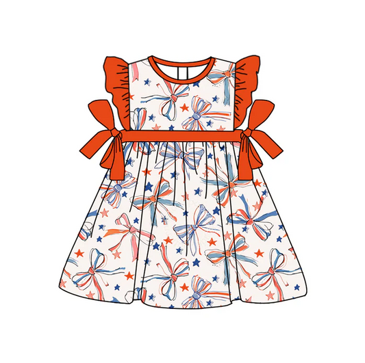5.1 Preorder moq 5 Baby Girls Orange Flutter Sleeves Bows Stars 4th Of July Knee Length Dress
